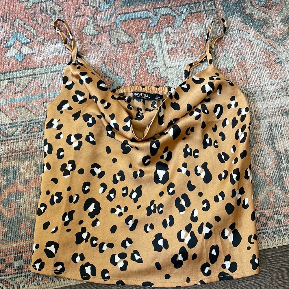 Nasty Gal Silk Cheetah Print Crop Cow Neck Blouse